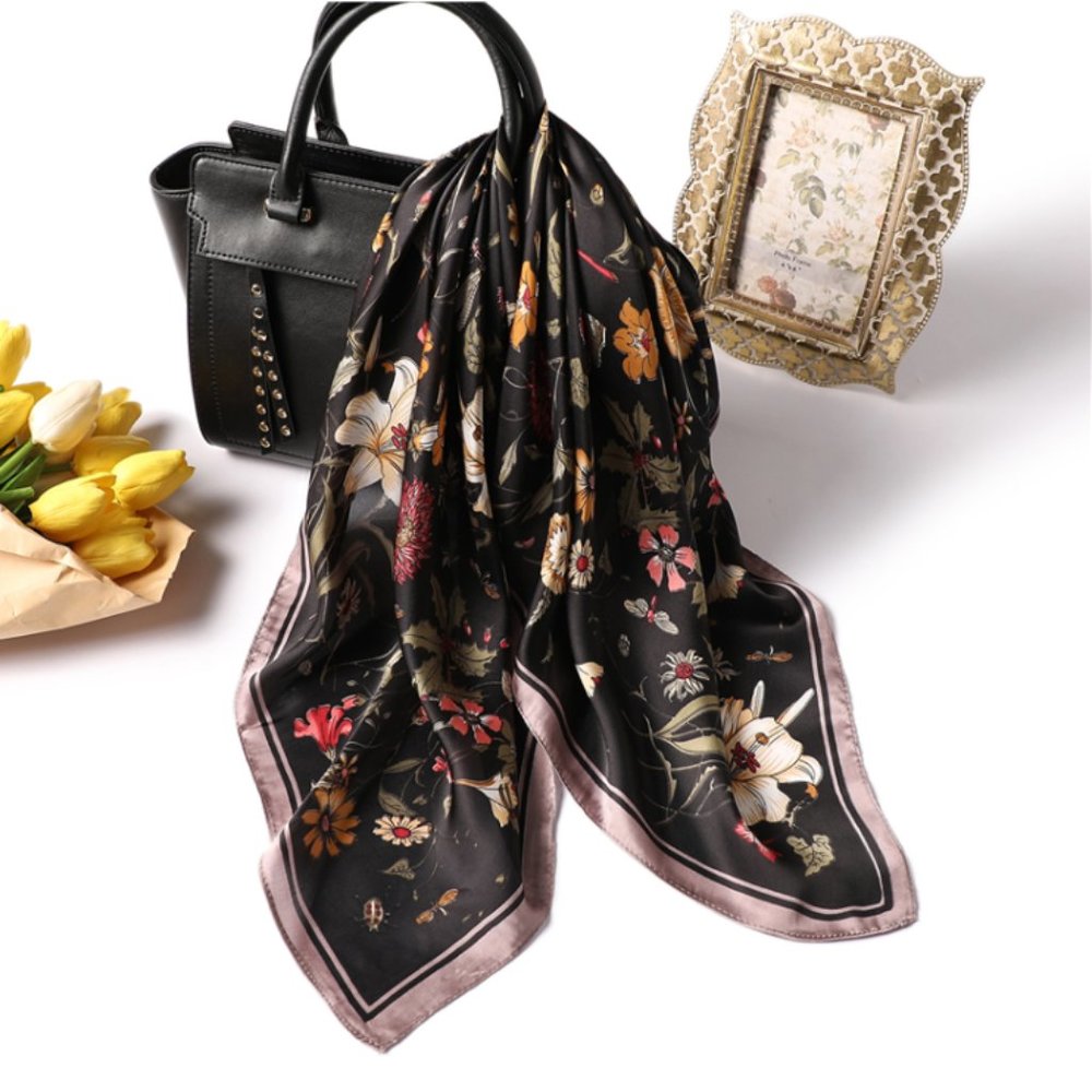 Black flower print square scarf